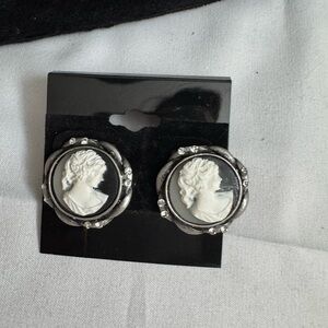 Silver and White Circular Cameo Earrings